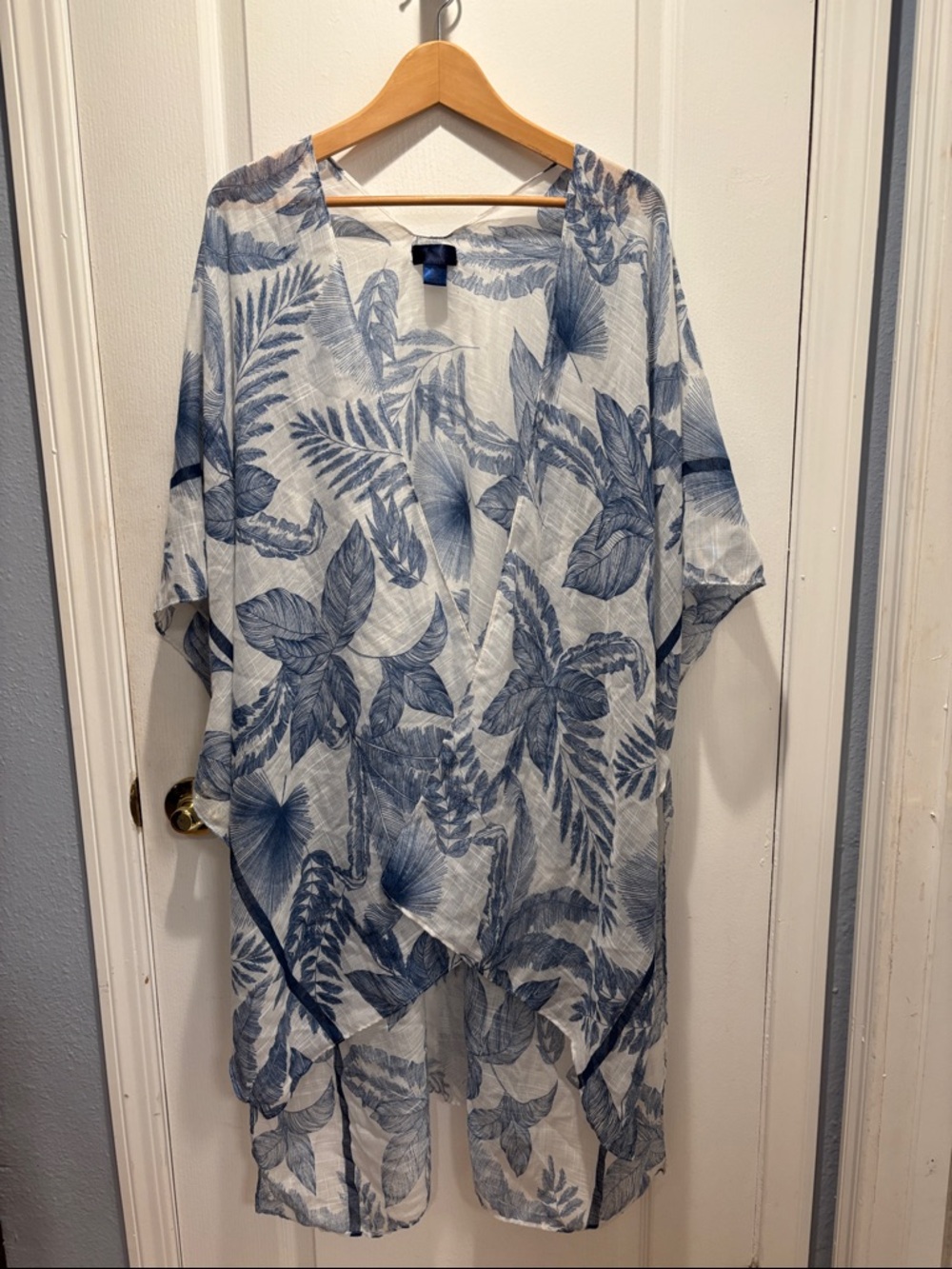 RACHEL Rachel Roy Blue Leaf-Print Kimono Open Cardigan OS
